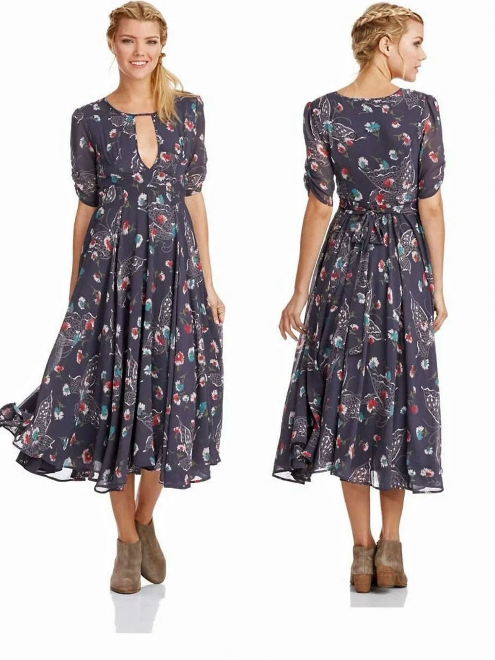 Free People Black Floral Dress with Keyhole Neck